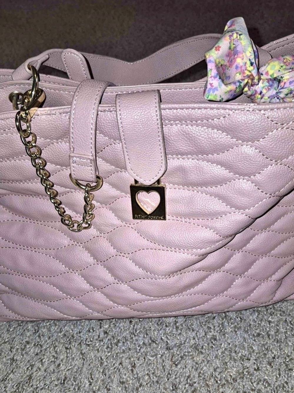 Betsey Johnson Quilted Light Pink Tote with Heart Charm and Gold Chain